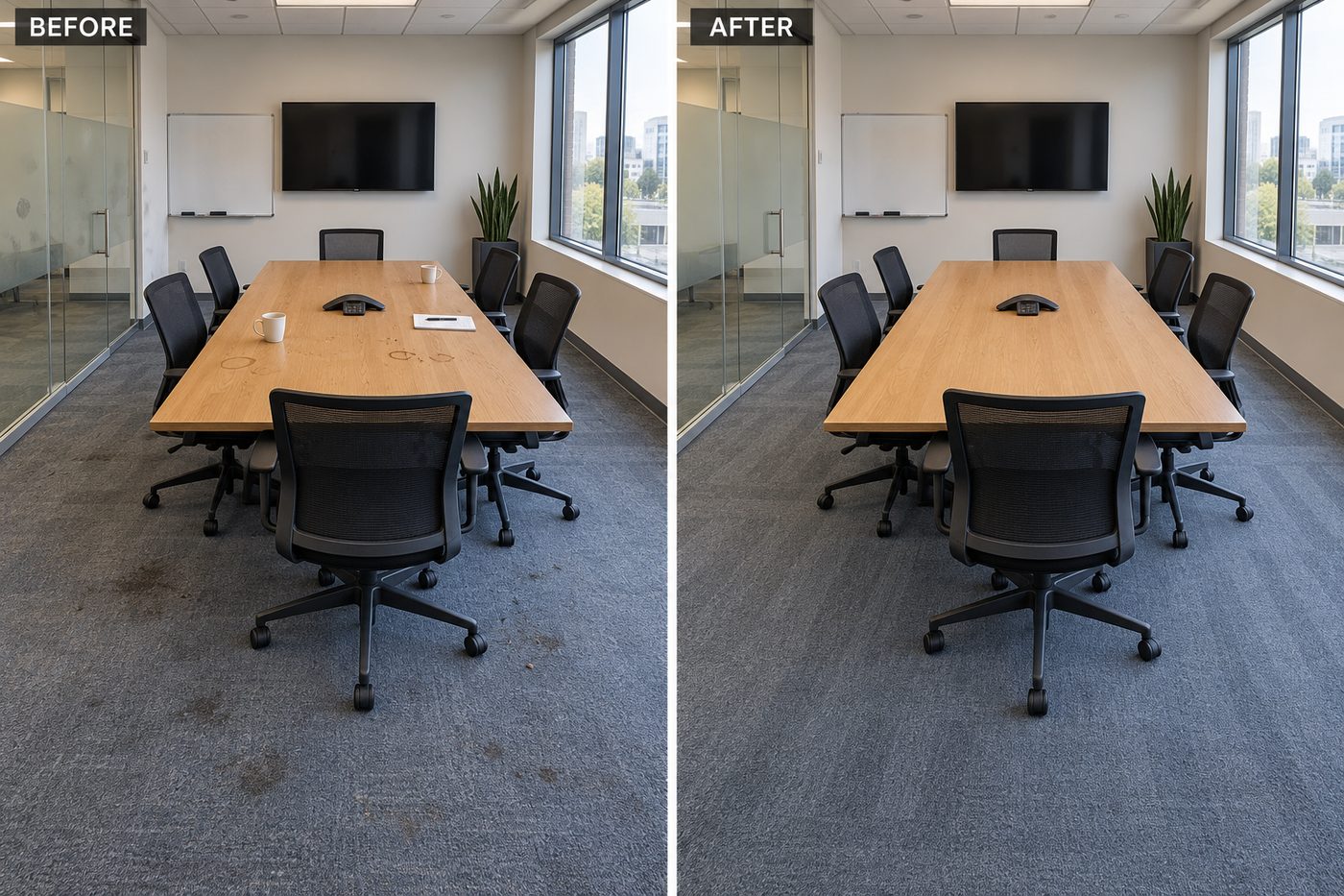 Conference room before cleaning with stained carpet and marked table, and after with clean carpet and wiped table